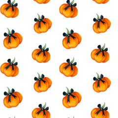 Watercolor seamless pattern for Halloween. Orange pumpkins hand-painted in watercolor. Ideal for wrapping paper, textiles, logo on postcards