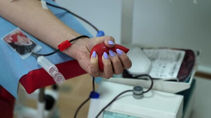 A girl blood donor squeezes a rubber pear in the shape of a heart in her hand. Cropped shot of a volunteer in the hospital donating blood. Girl during blood donation procedure - Powered by Adobe