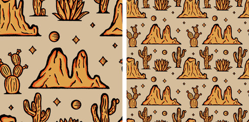 Desert Western Mountains Cactus Seamless Pattern Vector Illustration Cowboy Nursery Neutral - 528778717