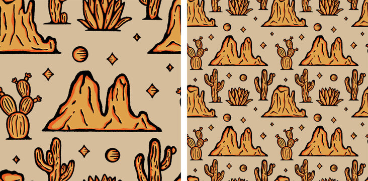Desert Western Mountains Cactus Seamless Pattern Vector Illustration Cowboy Nursery Neutral
