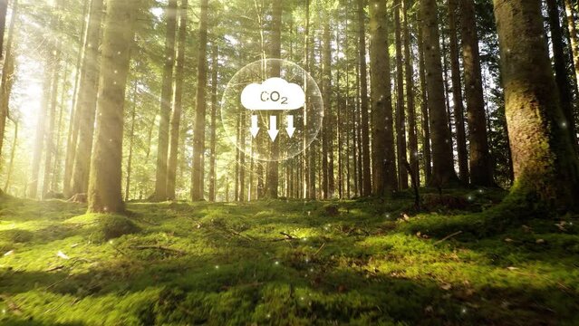 Carbon dioxide icon inside sunny green forest. Concept ecology video.