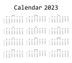 Calendar template for 2023. The week starts on Monday. It shows the day of the week. Vector