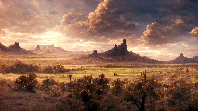 American Wild West Nature Landscape at Sunset Spectacular Art Illustration. Breathtaking Clouds Above Prairie Beautiful Background. Digital Painting AI Neural Network Computer Generated Art Wallpaper