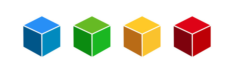 3d color cube icons set. Cube blue, green, yellow, red color or square shape symbol. Geometric figure sign vector.