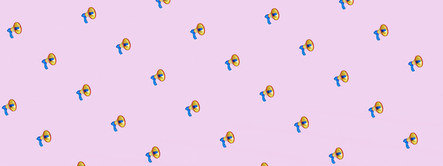 Diagonal array pattern of pink megaphones background, business announcement or communication concept, flat lay top view from above, 3D render.