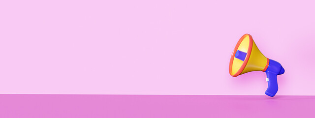 Megaphone flies on pink background. Advertising and messages concept. Banner. 