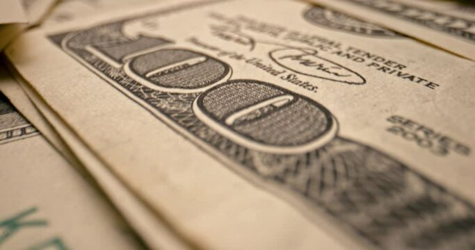 Pile of US dollars cash. Close up of new american one hundred dollar bills. Many american money banknotes. New 100 dollars. Money credit. US currency. Inflation concept. Finance. Economy industry