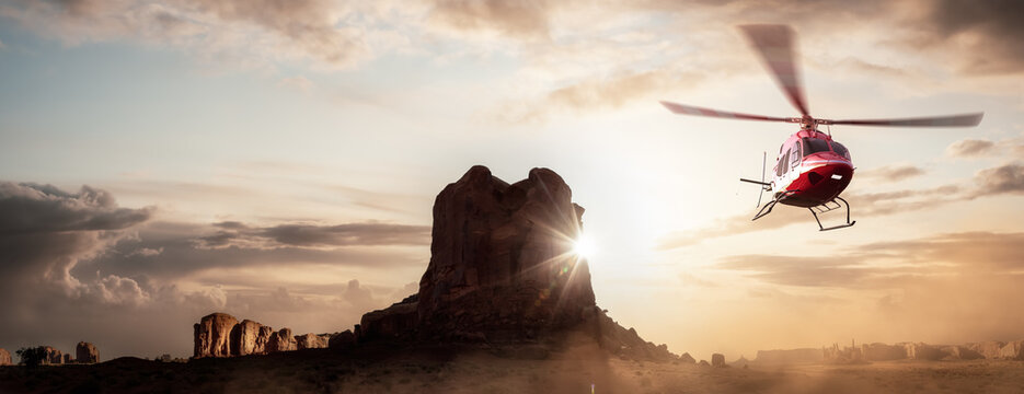 Helicopter flying over Desert Rocky Mountain American Landscape. Morning Sunny Sunrise Sky. 3d Rendering plane. Oljato-Monument Valley, Utah, United States. Epic