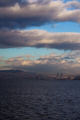 Mountains and the Aegean Sea on the coast of Izmir with copy space
