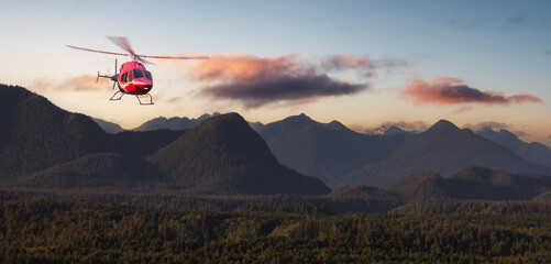 Helicopter Flying over the West Coast Pacific Ocean. Extreme Adventure Composite. 3D Rendering Heli. Background Image from Tofino, Vancouver Island, British Columbia, Canada. Dramatic Sunset © edb3_16