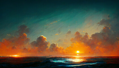Sunrise over ocean colorful cloud sky painting