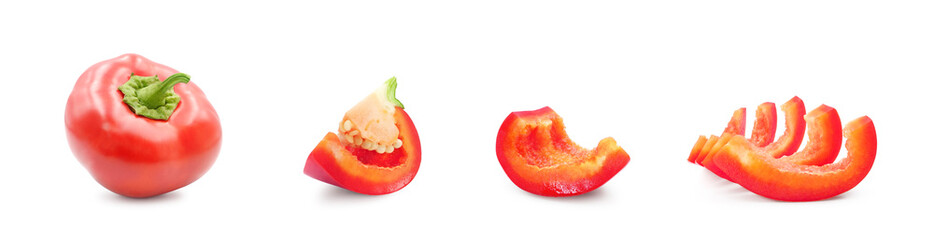 Red round bell pepper Rotunda Gogoshari (Ratund) whole and slices isolated set on white background       