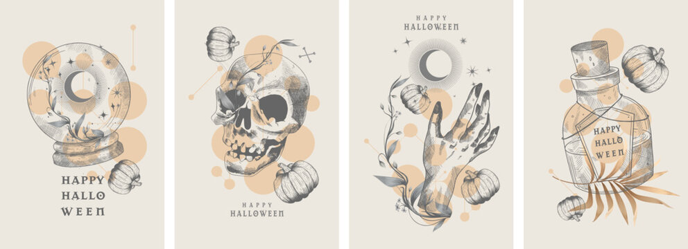 Halloween. Skull. Zombie hand. Elixir. Set of vector hand drawn illustrations. Tattoos, engraving style.