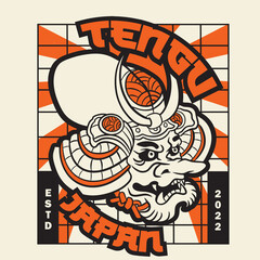 Demon Tengu Mask Japanese Style T-Shirt Illustration Design. Japanese Mask Illustration Vector Isolated. Suitable for T-Shirt Design, Poster, Logo, and Wallpaper.
