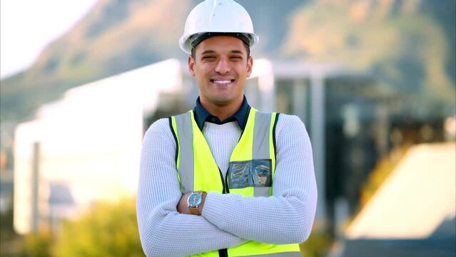 Leadership, proud and portrait of engineer, architect or construction worker outdoors for vision, trust and motivation. Industry worker smile for success, mission or goal mindset and happy with job
