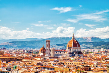 Fototapeta premium Florence Aerial View of Cathedral of Santa Maria del Fiore with Duomo during Beautiful Sunny Day