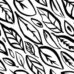 Leaves with veins seamless pattern. Hand drawn decorative plant motif. Black brush lines. Abstract print with vector leaves. Foliage seamless pattern. Vector repeating texture with stylized plants.