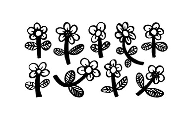 Collection of bold hand-drawn chamomiles. Black botanical elements with charcoal or pencil texture. Naive style of wild flowers. Chamomile and daisy simple elements. Thick stems and childish blossoms.