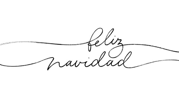 Merry Christmas in Spanish language. Feliz Navidad hand drawn line lettering isolated on white background. Continuous style vector calligraphy with swashes. Modern greeting card, banner, poster. 