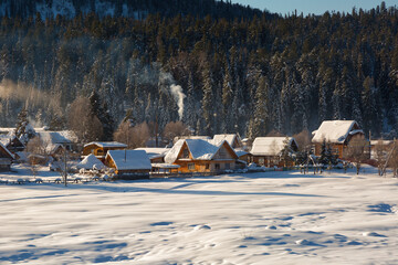 Winter landscape with a village, Altai, Russia
