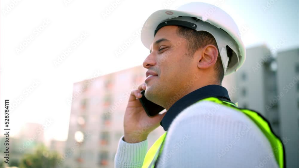Poster Logistics worker talking on phone call, in communication about construction of building and planning renovation of architecture in the city. Architect with 5g connection working in maintenance