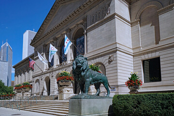 The front steps to the entrance of the Art Institute, a gallery of fine arts in Chicago