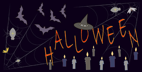 Happy Halloween Background Template in the Darkness with   spiders creepy,  cobweb, horror bats, witch hat and burning candles 