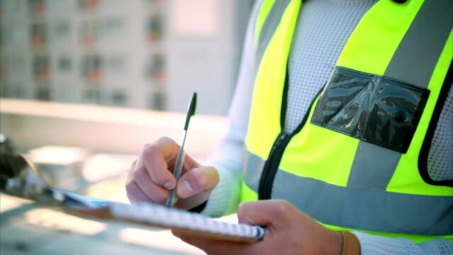 Checklist, writing and clipboard with safety man on construction site checking or signing documents. Inspection, manager and examination with architect or design engineer with contractor service