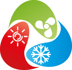 Drei Tropfen mit Sonne, Schneeflocke und Ventilator, Lüftung, Klimaanlage Logo