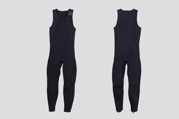 Male black long diving wetsuit for underwater swimming isolated on white background