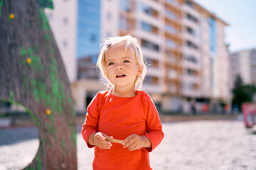 Little girl on the playground in front of a high-rise building. High quality photo © Oleksandra