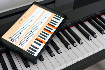 Piano synthesizer app on tablet and musical instrument concept