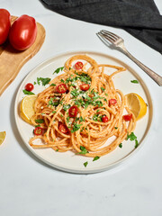 Spaghetti Meal Isolated on Marble Counter Background
