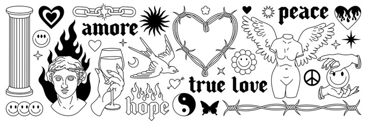 Tattoo art 1990s, 2000s. Y2k stickers. Butterfly, barbed wire, fire, flame, chain, heart and other elements in trendy psychedelic style. Vector hand drawn tattoo print. Black and white colors.