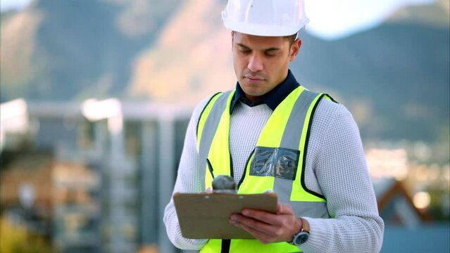 Logistics worker, architect or engineer planning design building at construction site, doing inspection of house renovation and writing on documents. Man in architecture on industrial property