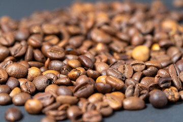 Top view of roasted coffee beans for background and texture. A pile of roasted and ground coffee beans can be used as a background and texture.