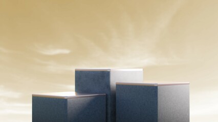 3d rendering, 3d illustration, natural minimalist podium background in high clouds at sunset or sunrise, with the sky, surrounded by clouds, pedestal for cosmetic products, skincare, 