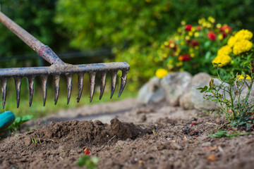 Farmer cultivating land in the garden with hand tools. Soil loosening. Gardening concept....