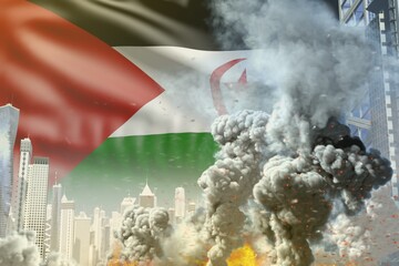 large smoke pillar with fire in abstract city - concept of industrial catastrophe or terrorist act on Western Sahara flag background, industrial 3D illustration