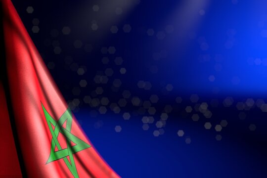 cute independence day flag 3d illustration. - picture of Morocco flag hangs in corner on blue with selective focus and free space for text