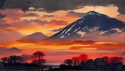 Aerial landscape of Mount Fuji with beautiful autumn shades of color. Japan traditional painting. Fuji mountain sunset. Watercolor image. 3D artwork