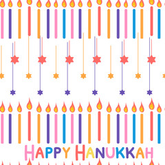 Happy Hanukkah seamless pattern with Star of David and candles and text Celebration design in bright colours on white background Vector illustration 