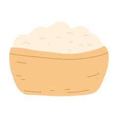 Flour in wooden bowl in cartoon flat style. Vector illustration of organic healthy food, baking ingredients