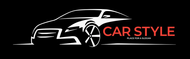 Car logo design. Silhouette of a car with place for company name, slogan, title. Vector background