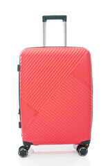 Red plastic travel bag close up on white background