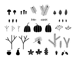 Vector illustration Autumn big set. Hand drawn stylized fall leaves, harvest, branches, mushrooms, berries isolated on white background. For cricut