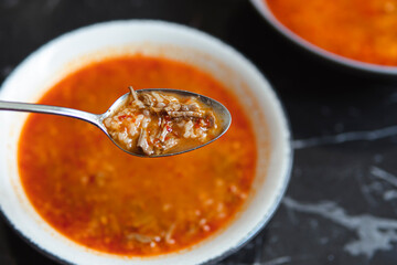 Soup on a marble table,Beyran turkish food, local food, special soup, selective focus
