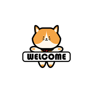 Cute baby fox hold a welcome sign