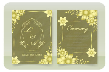 wedding invitation card template, with flower and leaf decoration, green background