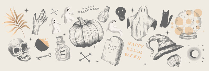Halloween. Pumpkin. Scull. Ghosts. Set of vector hand drawn illustrations. Tattoos, engraving style.